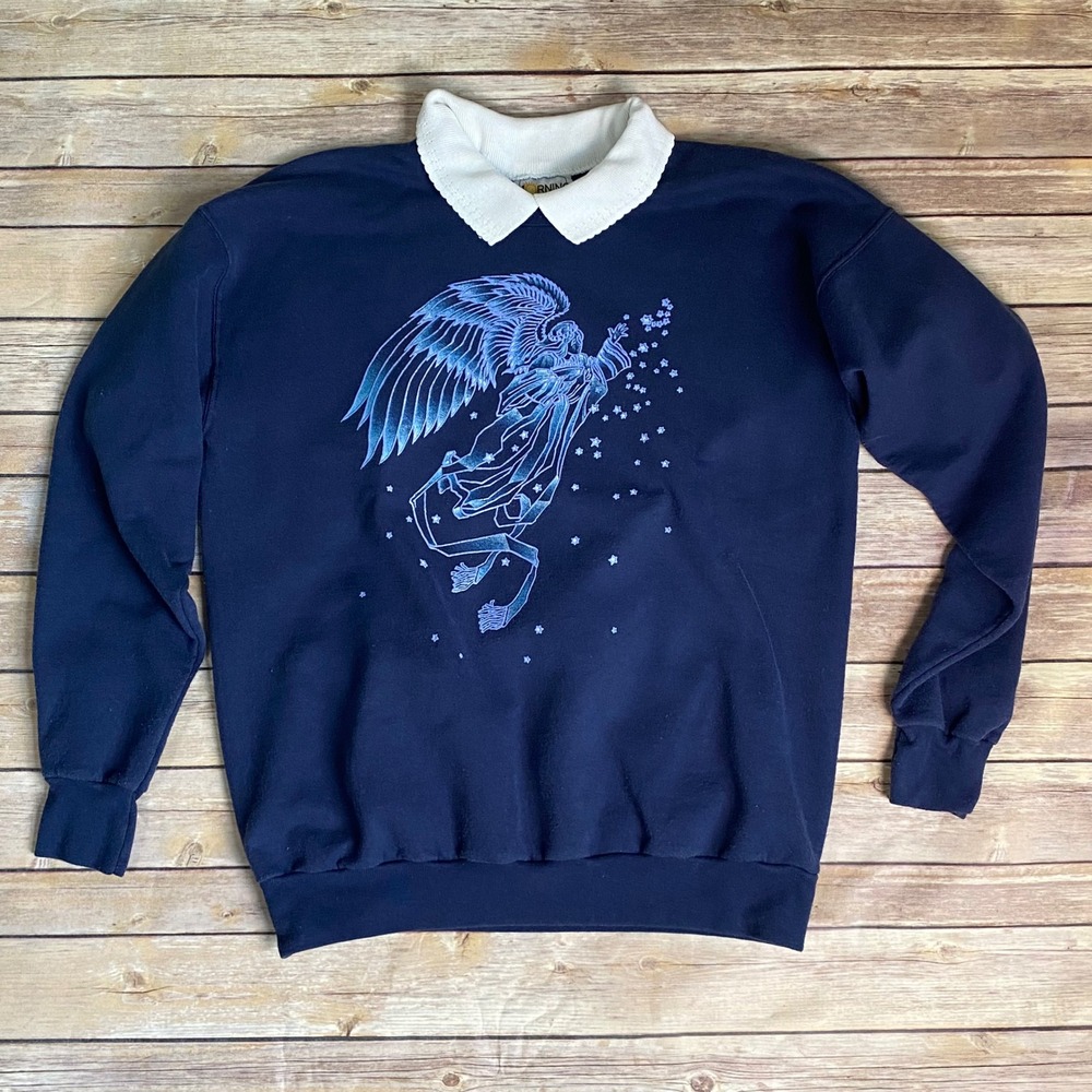 Vintage Morning Sun Navy Blue Angel Graphic Sweatshirt White Double Collar M